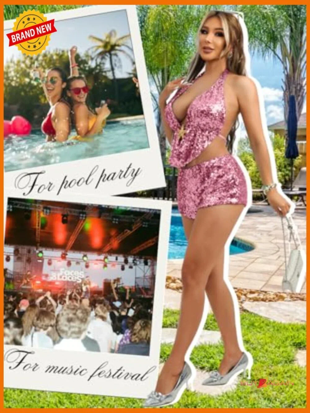 Sequin Two Piece Set - Cowl Neck Top & Booty Shorts - Club Rave Outfit - Picture 5 of 7